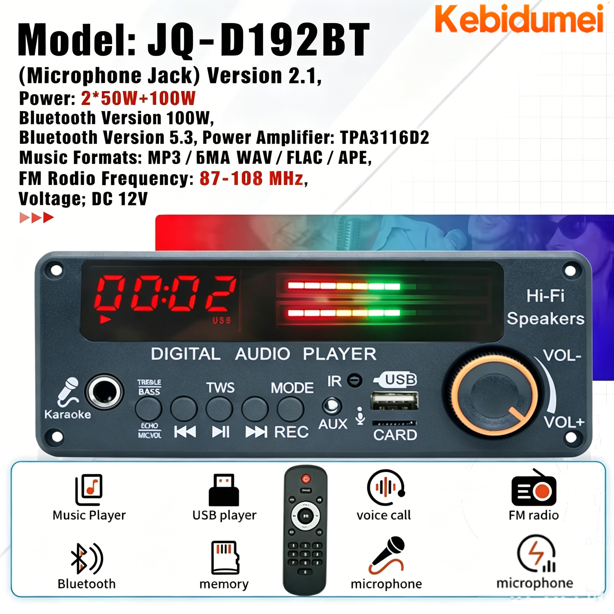 KEBIDUMEI 300W DIY Home Digital Amplifier MP3 Decoder Board DC12V TPA3116D2 Bluetooth 5.3 Audio Power Board FM Radio Karaoke Mic Input Recorder TWS For Car Subwoofer Speakers Treble Bass Adjustable Giá 287,000 Đồng*Miễn phí vận chuyển