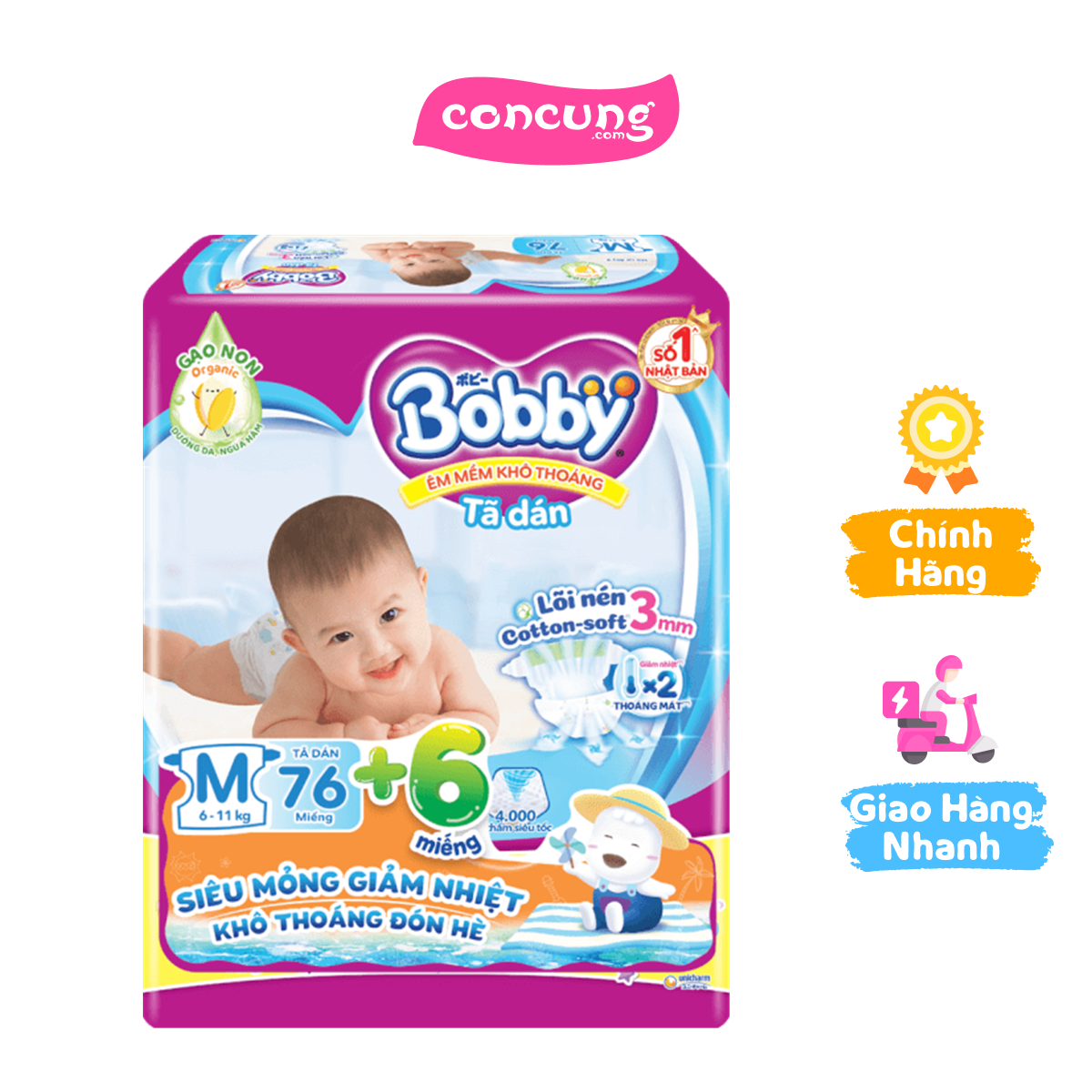 Tã dán Bobby Fresh Siêu thấm - Khô thoáng M76