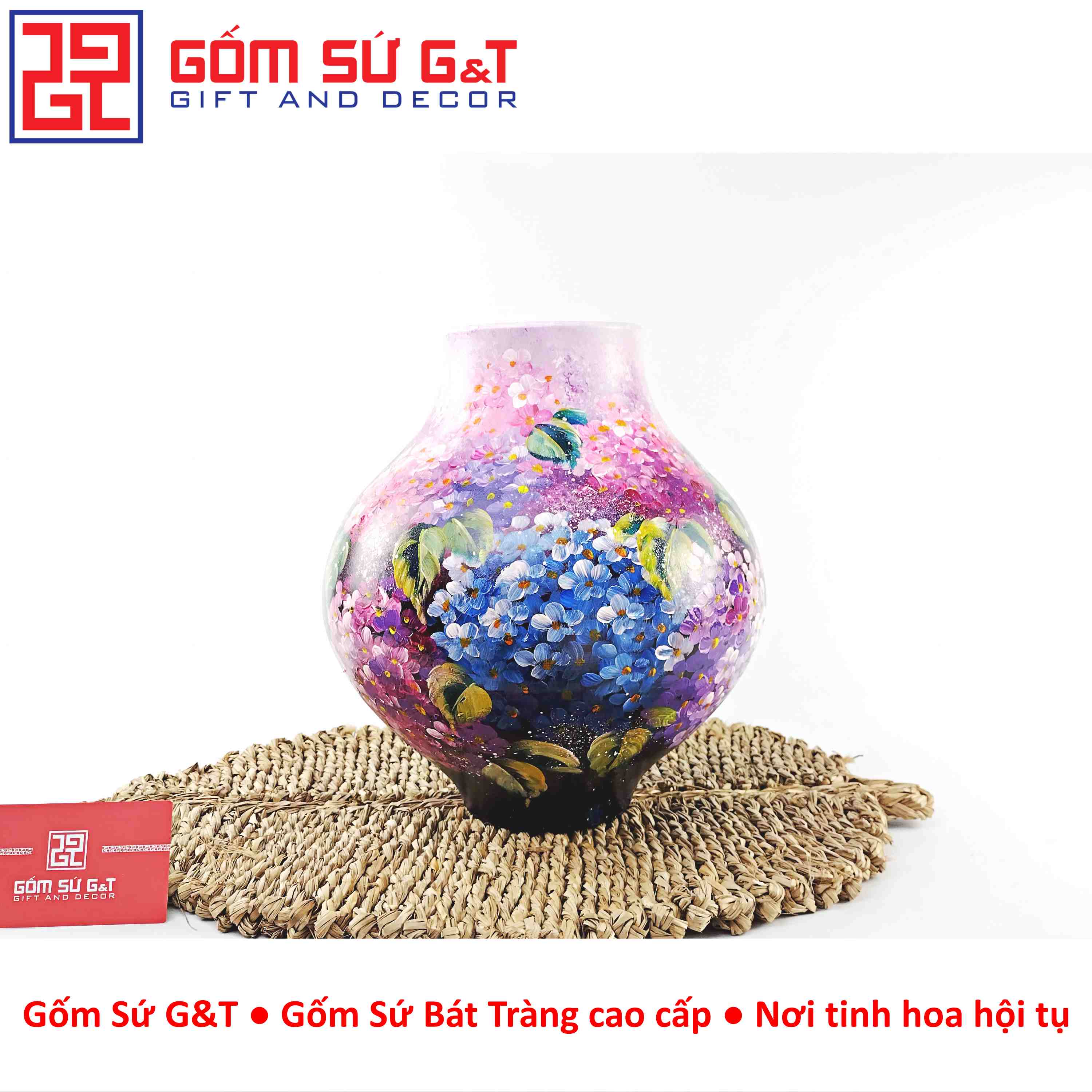 Lọ Hoa Gốm Sứ Bát Tràng Vuốt Tay Dáng Tỏi Cụt Vẽ Hoa Cẩm Tú Cầu Thủ Công Cao Cấp