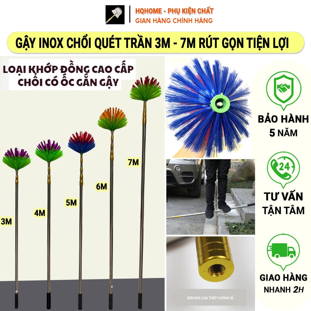 Gậy Thép Chống Gỉ Kèm Chổi Quét Trần Nhà Kéo Dài 3m-7m, Quét Mạng Nhện Đầu Gai Cán Tăng Đơ Inox Cao Cấp Có Thể Rút Gọn