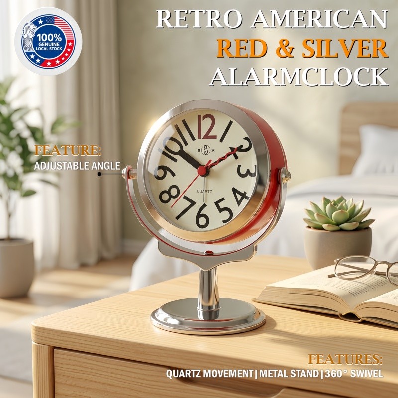 Vintage Retro Silent Pointer Alarm Clock - Round Clock for Home/Office Mute Timekeeping