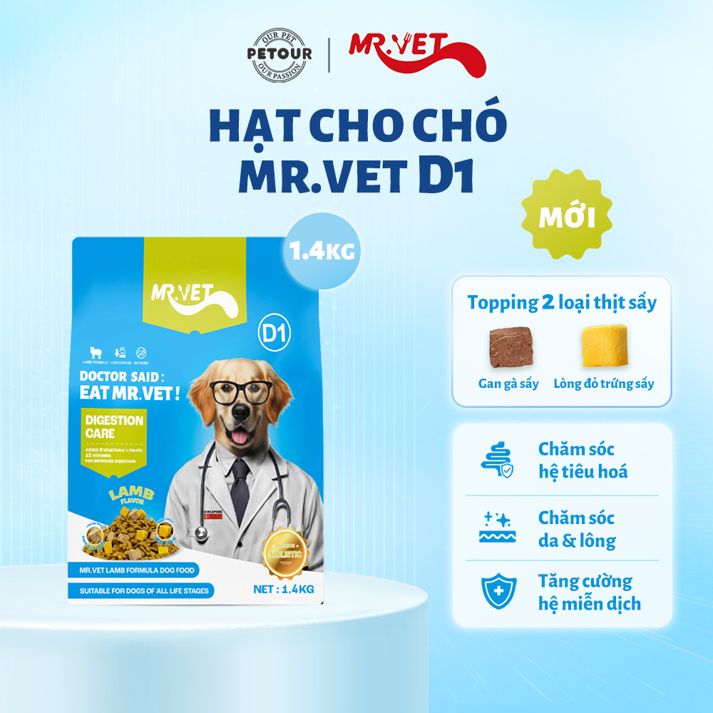Thức ăn cho chó Mr.Vet D1 mới 1.4kg Công thức thịt cừu non Chăm sóc hệ tiêu hóa toàn diện với Gan gà & Lòng đỏ trứng sấy