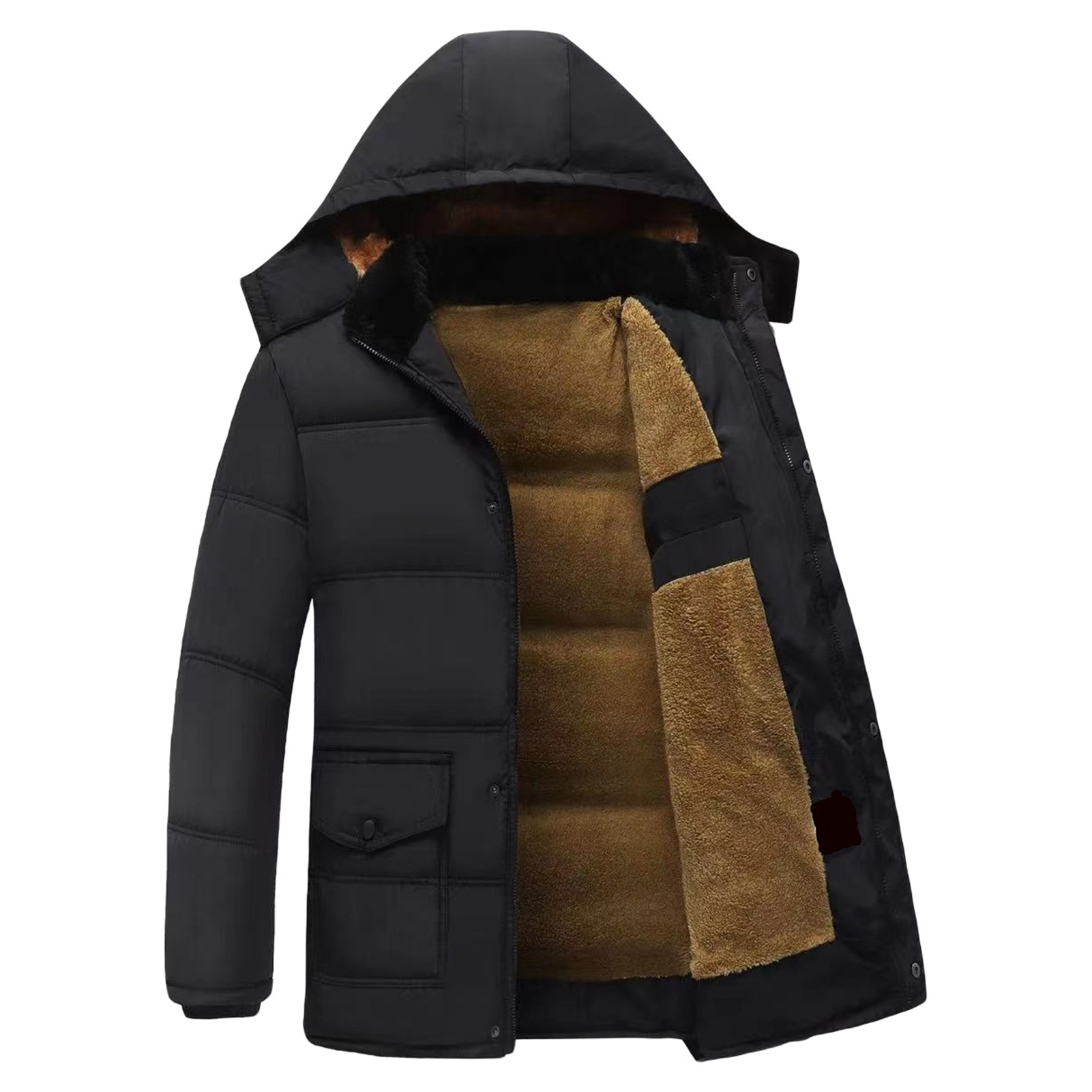 Nam áo khoác lông vũ đội mũ trùm đầu có khóa kéo dài tay đóng cửa áo khoác Jacket có túi màu trơn ló