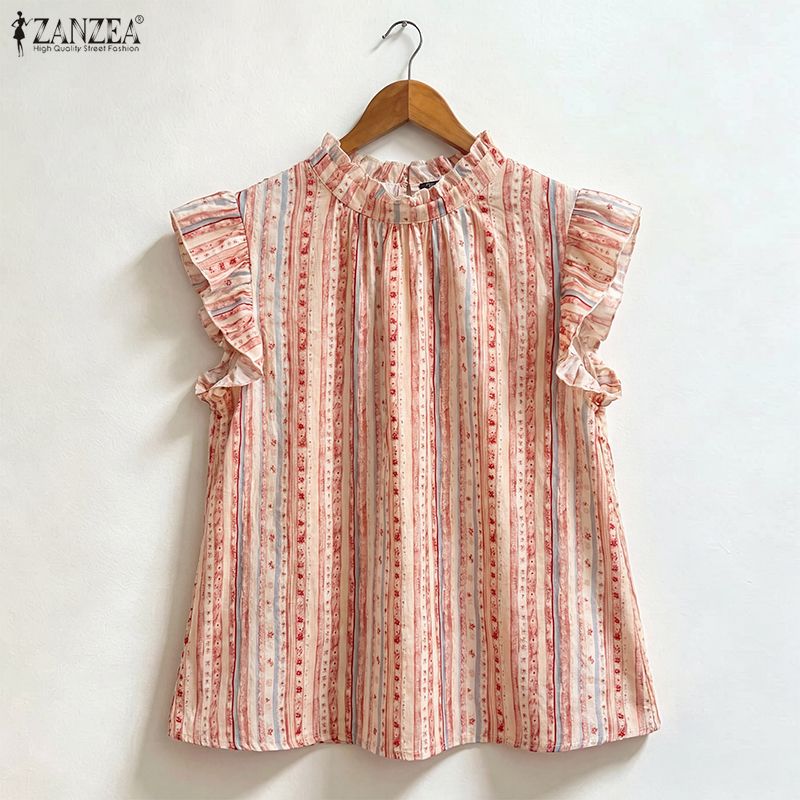 ZANZEA Women Holiday Ruffled Edge Work Tank Stripe Print Sleeveless O Neck Vests #0629 ราคา 300 บาท*ส่งฟรี