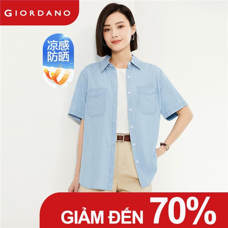 GIORDANO Áo Sơ Mi Nữ Làm Mát Đá UPF50 + Nhẹ Áo Sơ Mi Denim Túi Đôi Tay Ngắn Thời Trang Sơ Mi 05344463