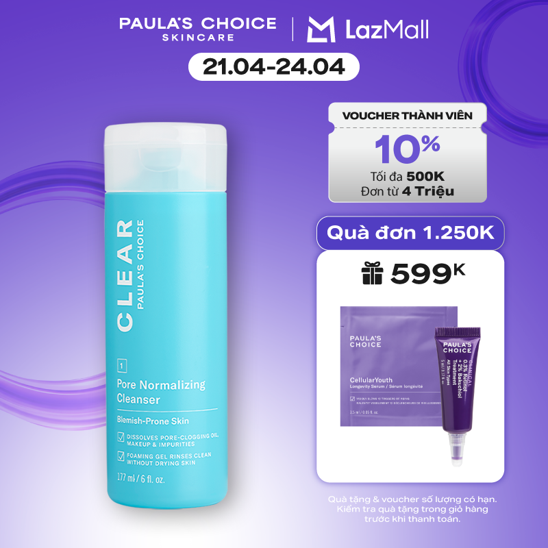 Sữa rửa mặt  dạng gel ngăn ngừa mụn và se khít lỗ chân lông Paula’s Choice Clear Pore Normalizing Cleanser 177 ml 6002