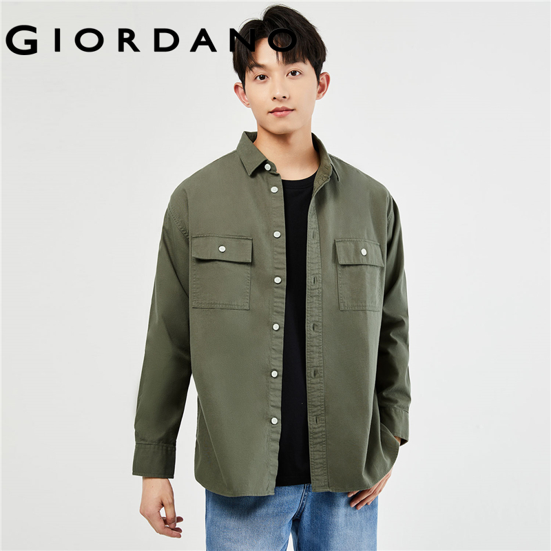 GIORDANO Nam Áo Sơ Mi 100% Cotton Nắp Túi Hàng Hóa Áo Sơ Mi Tay Dài Đơn Giản Thư Giãn Thời Trang Dáng Rộng Áo Sơ Mi 01044105