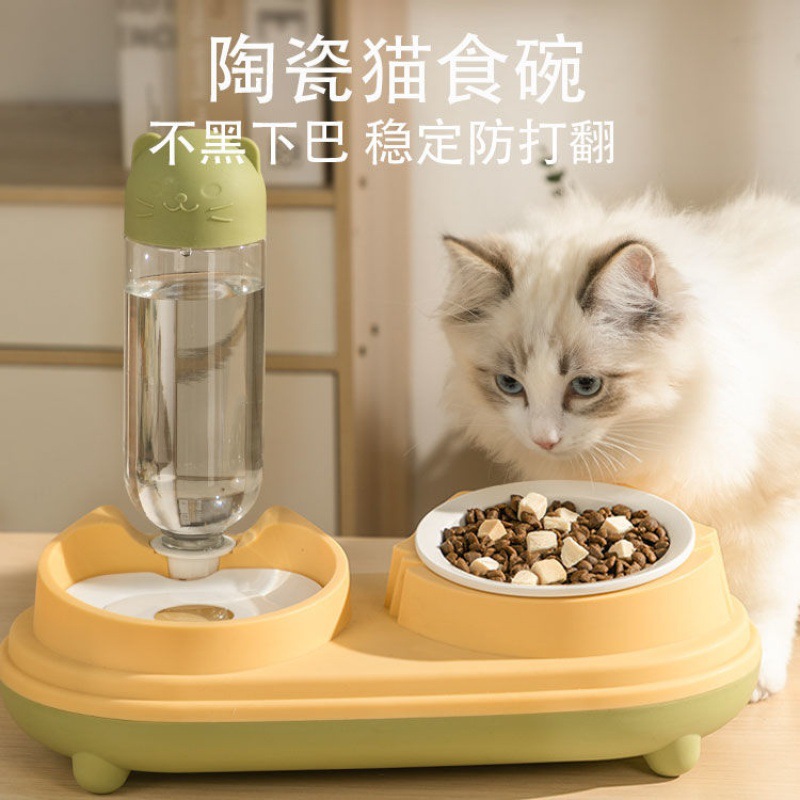Gốm con chó tự động kép thực phẩm vật nuôi gạo uống và cho ăn Tích hợp bát cho mèo thức ăn tự động