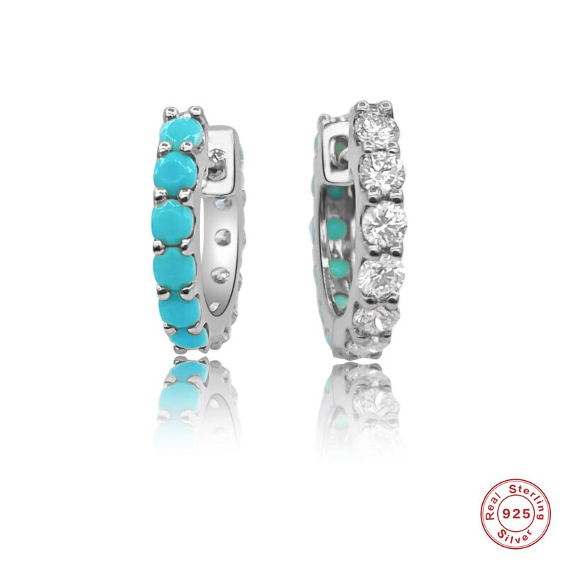 Trợ lý 925 sterling Silver độc đáo không phù hợp hai mặt bông tai Huggie cho phụ nữ nửa màu Ngọc Lam nửa trắng CZ Zircon Pave Hoops