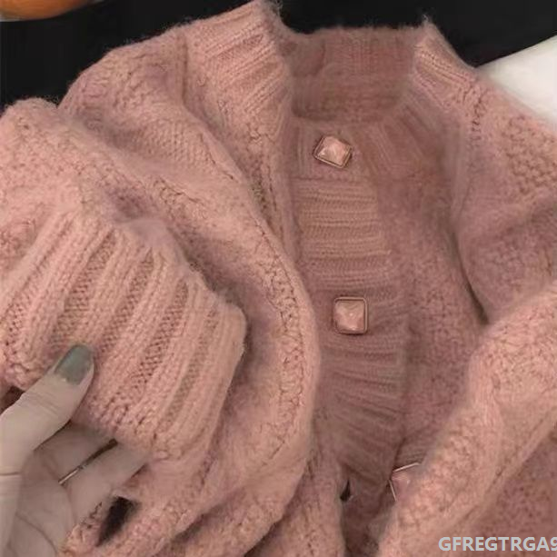 Áo khoác Cardigan Nữ Áo len kiểu áo len Áo len dệt kim Xoắn sợi dày Áo khoác đầu thu nữ mới màu hồng F4815