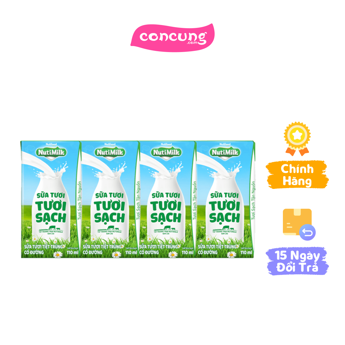 Sữa tươi sạch tiệt trùng Nutimilk, có đường, 110ml (lốc 4 hộp)