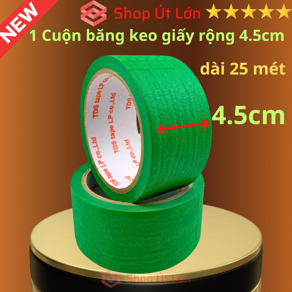1 Cuộn băng keo giấy màu xanh lá, rộng 4.5cm, dài 25 mét, lõi giấy 3mm