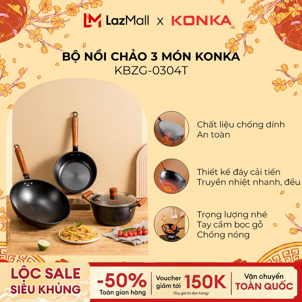 Bộ nồi chảo chống dính Konka Mẫu Mới thép tôi bóng chống dính chống mài mòn tay cầm chống cháy cao c