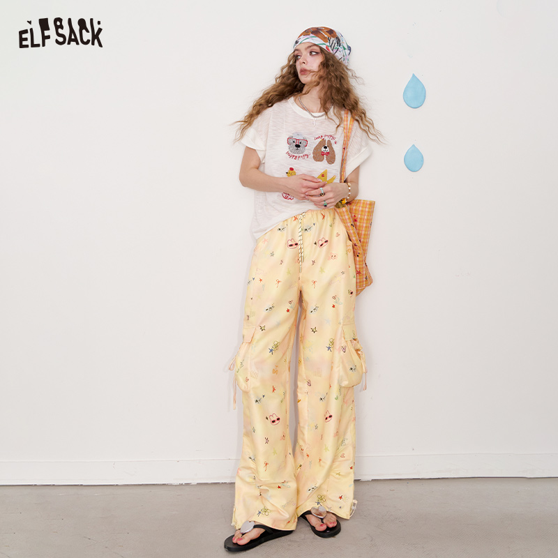 ELFSACK Summer New Arrival Loose Design Casual Trousers Printed Cargo Pants Wide Leg Trousers For Woman ราคา 1,514 บาท*ส่งฟรี