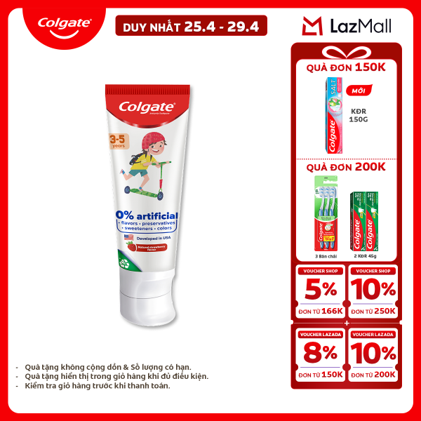 [Chỉ 25-29.4_X2 Voucher giảm 20%] Kem đánh răng Colgate Kid Free From cho trẻ em 3-5 tuổi không hương liệu và chất bảo quản 80g/tuýp