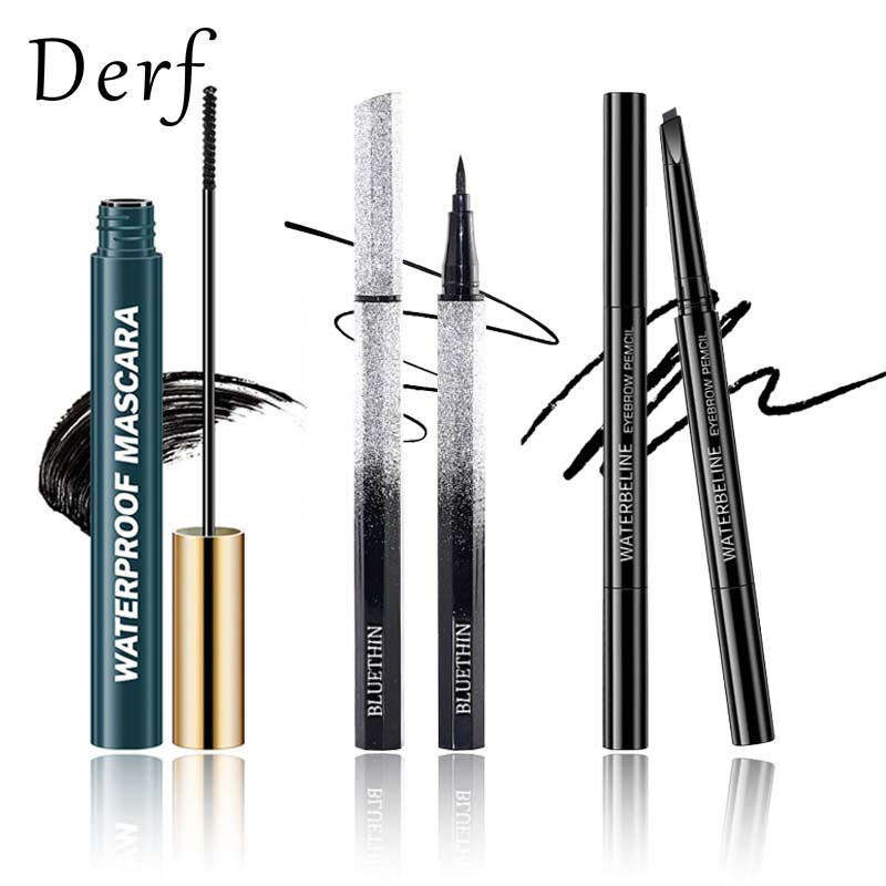 Derf Bộ trang điểm kẻ mắt + không thấm nước Curl dày Mascara + bền lâu Bút chì kẻ lông mày