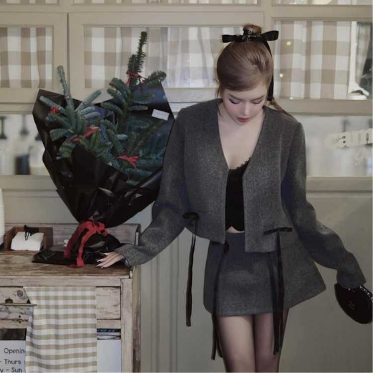 Set đồ dạ tweed nữ sang chảnh thu đông áo khoác dạ dài tay phối chân váy dáng A ngắn thiết kế tiểu thư công sở dự tiệc