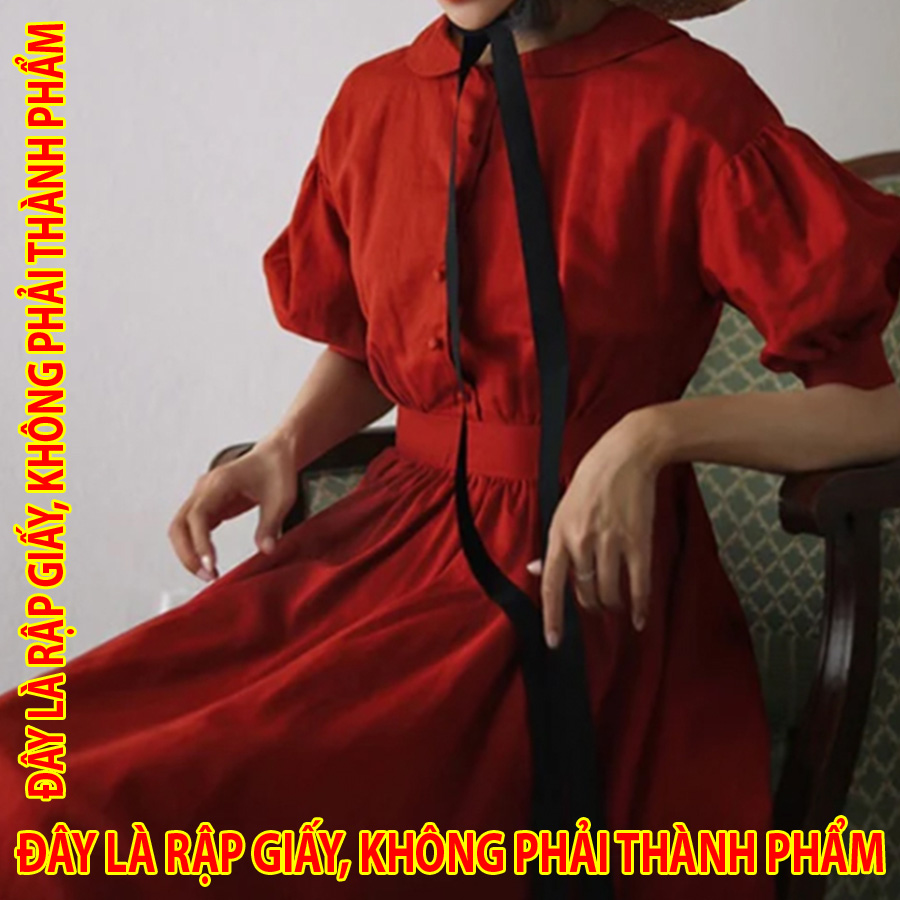 Rập Giấy WW079 - Đầm vintage tay bồng, cổ sen cạn