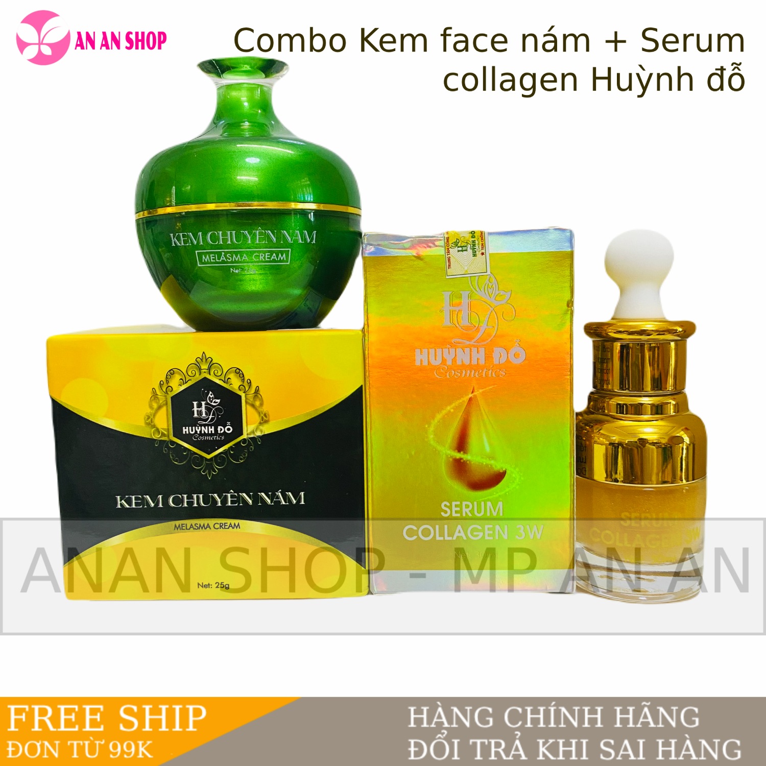 Combo kem chuyên nám Huỳnh đỗ + Serum collagen 3W - Mẫu mới hàng chính hãng