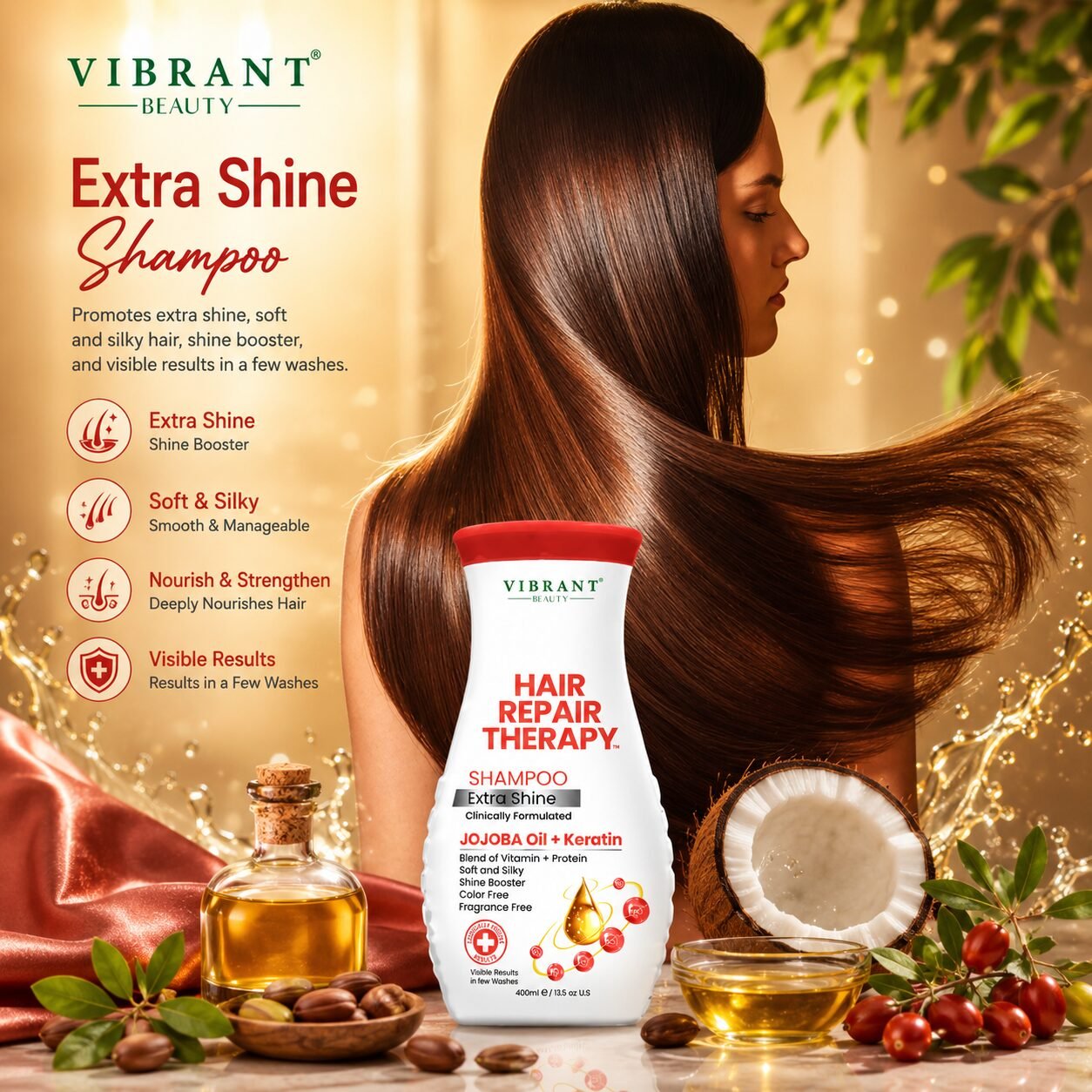 Vibrant Beauty Hair Repair Therapy Shampoo Extra Shine (Jojoba Oil + Keratin) | Hair Cleansing Care | 400ml