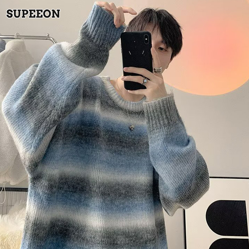 SUPEEON Men s Blue Gradient Round Neck Artistic Style Sweater Warm thick