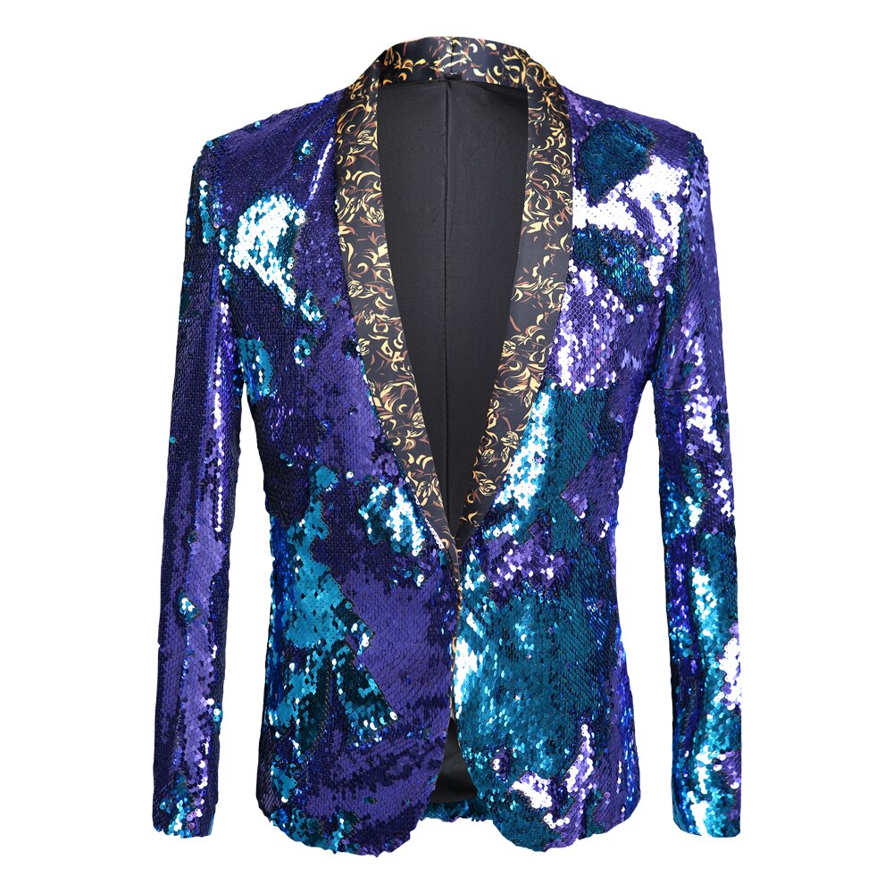Blue Purple Sequin One Button Shawl Collar Suit Jacket Men Bling Glitter