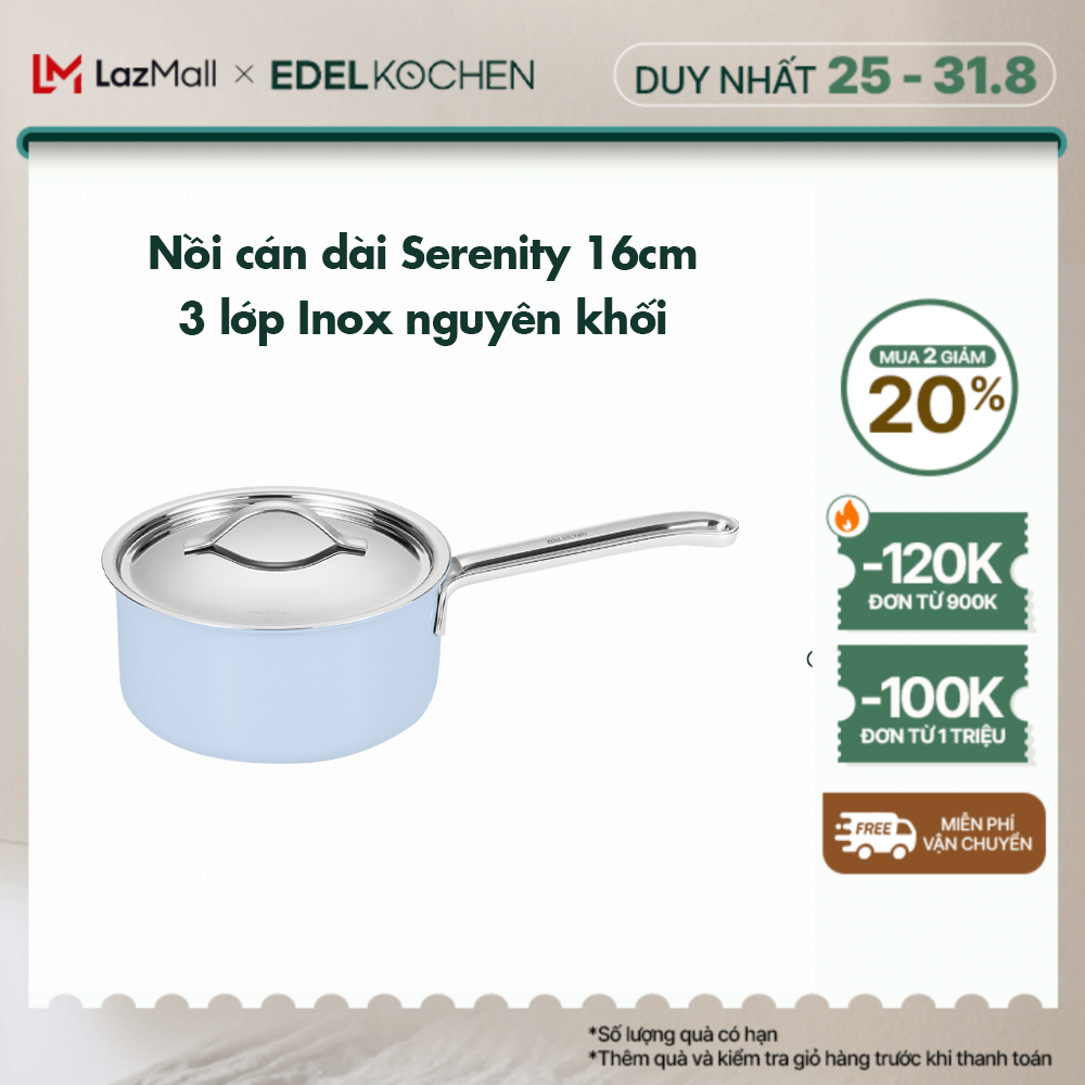 Nồi inox cán dài, quánh 3 lớp nguyên khối Edelkochen Serenity Collection size 16cm – Màu Edel Blue