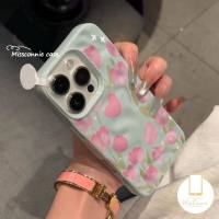 Casing HP Kompatibel Untuk IPhone 13 16 15 11 12 14 Pro Max 11 16 Pro 16Plus 14Plus 15Plus Case HP Efek Kerut Motif Tulip Pink Viral Dengan Tali Gantungan Manik Anti Jatuh Anti Lecet