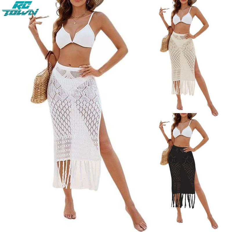 Women Summer Crochet Coverups Skirt High Slit Tassel Hollow Out Bikini Cover Ups Skirt Swimwear Cover Ups ราคา 295 บาท*ส่งฟรี