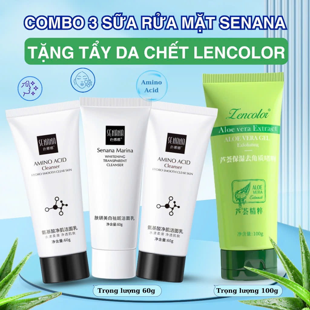 Combo 3 Sữa Rửa Mặt Làm Sạch Da Dịu Nhẹ Senana 60g Tặng Ngay 1 Gel Tẩy Tế Bào Chết Lô Hội Lencolor 100g