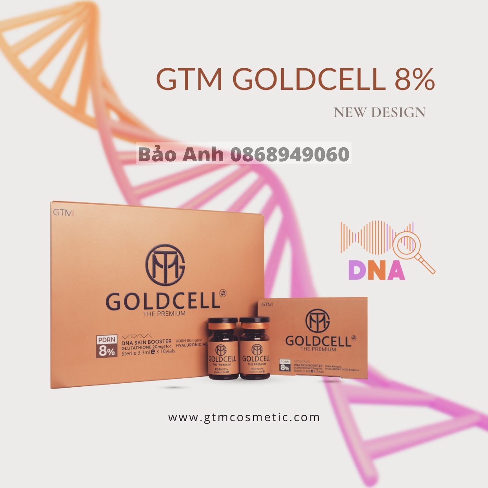 Combo căng bóng trắng da dna cá hồi gtm gold cell 8% 3.3ml + glutathione 1200mg