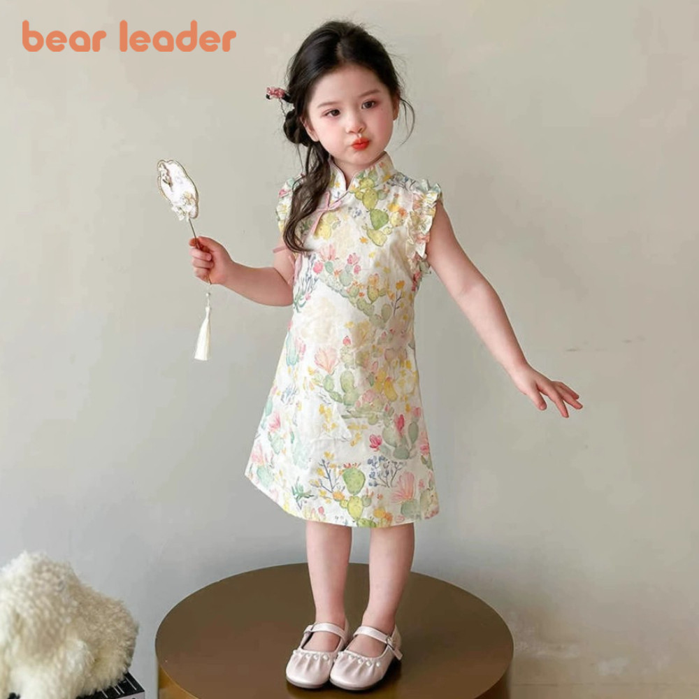 Gấu lãnh đạo phong cách Trung Quốc mùa hè in hình xương rồng cô gái sườn xám phiên bản Hàn Quốc Bow Ruffle trẻ em ăn mặc ngọt ngào năm mới mặc