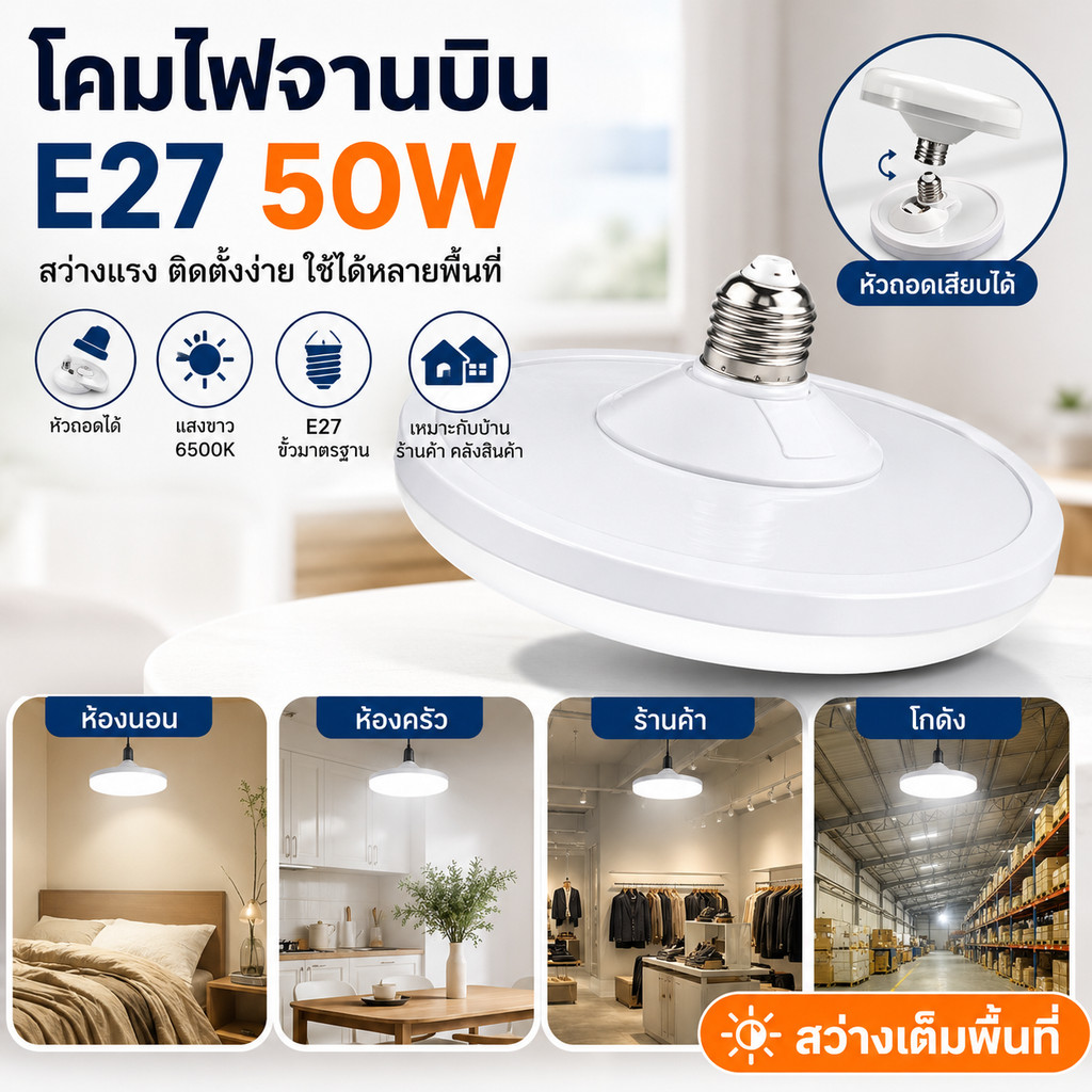 หลอดไฟ LED จานบิน UFO ขั้ว E27 24W/50W แสงขาว 6500K โคมไฟเพดานแบบถอดหัวได้ ติดตั้งง่าย ใช้ได้หลายพื้นที่ ห้องนอน ห้องครัว ร้านค้า โกดัง ทางเดิน ราคา 99 บาท*ส่งฟรี