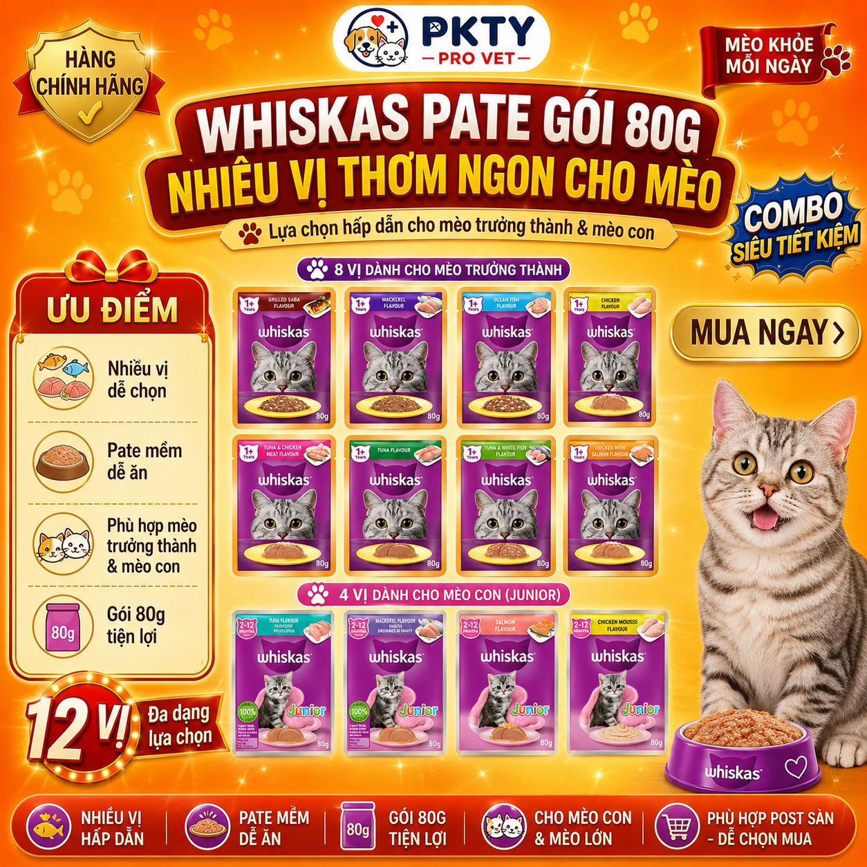 Pate Whiskas Gói 80g Cho Mèo – Nhiều Vị Thơm Ngon, Dễ Ăn, Phù Hợp Mèo Con & Mèo Trưởng Thành