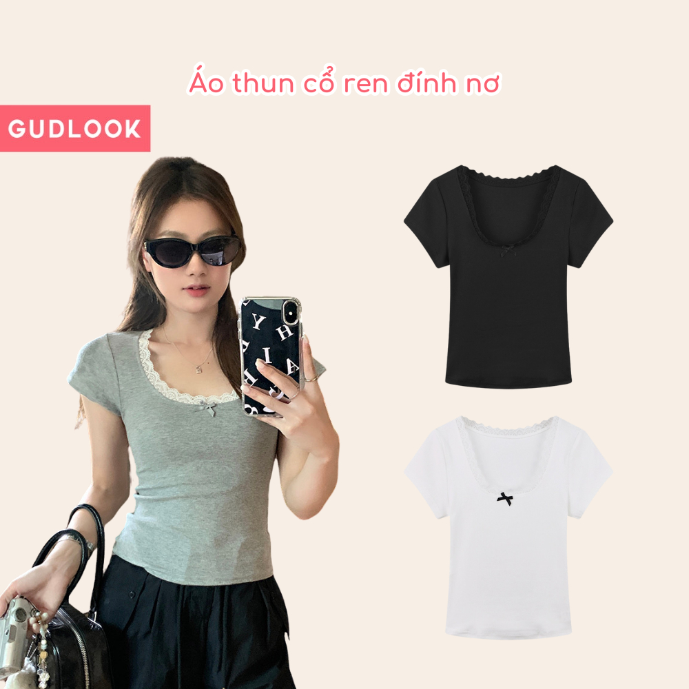 Áo thun nữ cộc tay babytee gudlook dáng ôm viền ren nơ ngực nữ tính