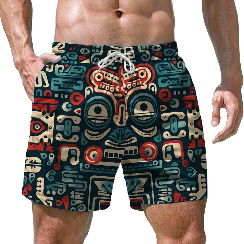 2025 New  Fashion Hawaiian Tiki 3D Print Beach Shorts Casual Aloha Polynesia God Short Pants For Men