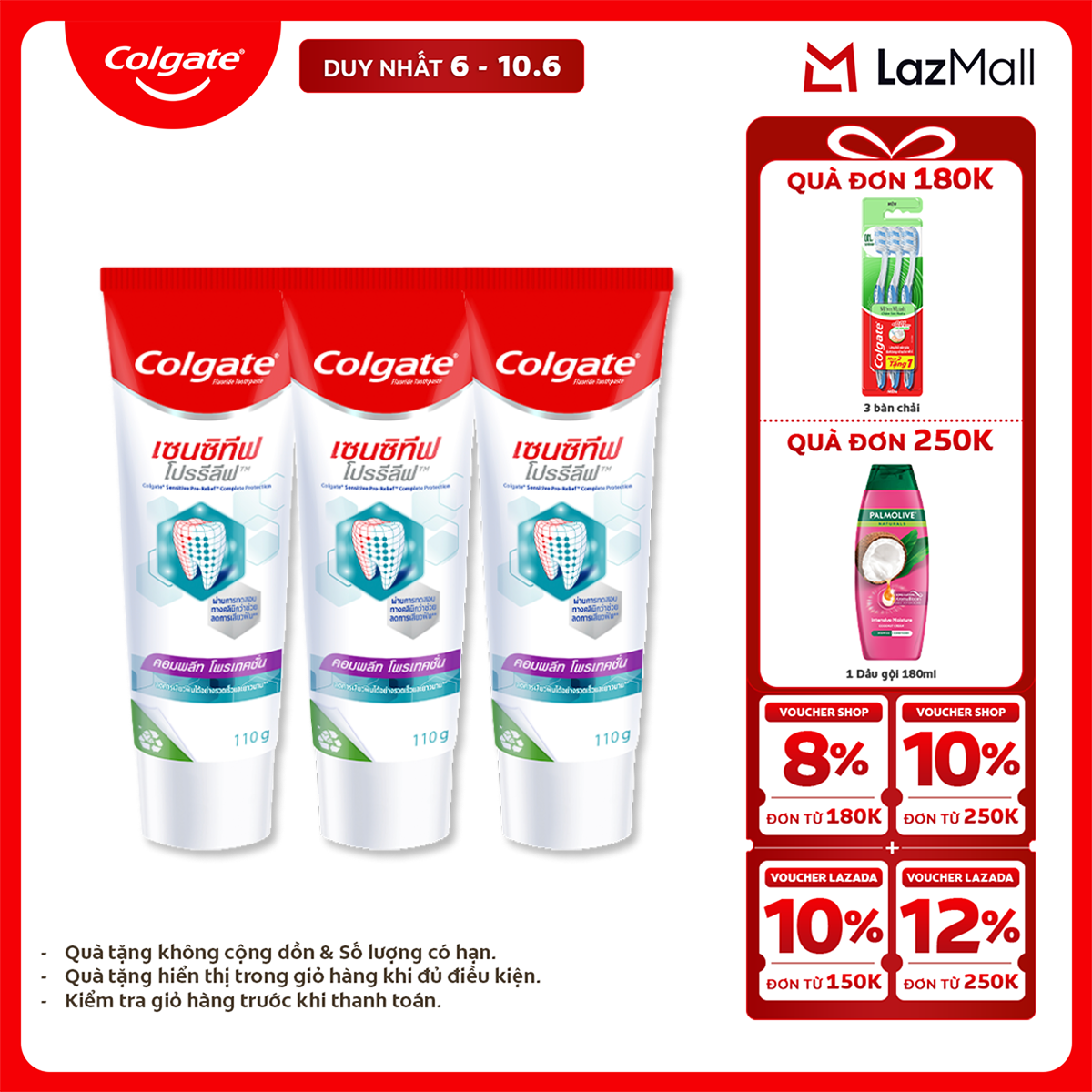 [Chỉ 6-10.6_X2 Voucher giảm 22%] Bộ 3 Kem đánh răng Colgate Sensitive ngăn ê buốt và bảo vệ toàn diện dành cho răng nhạy cảm 110gx3