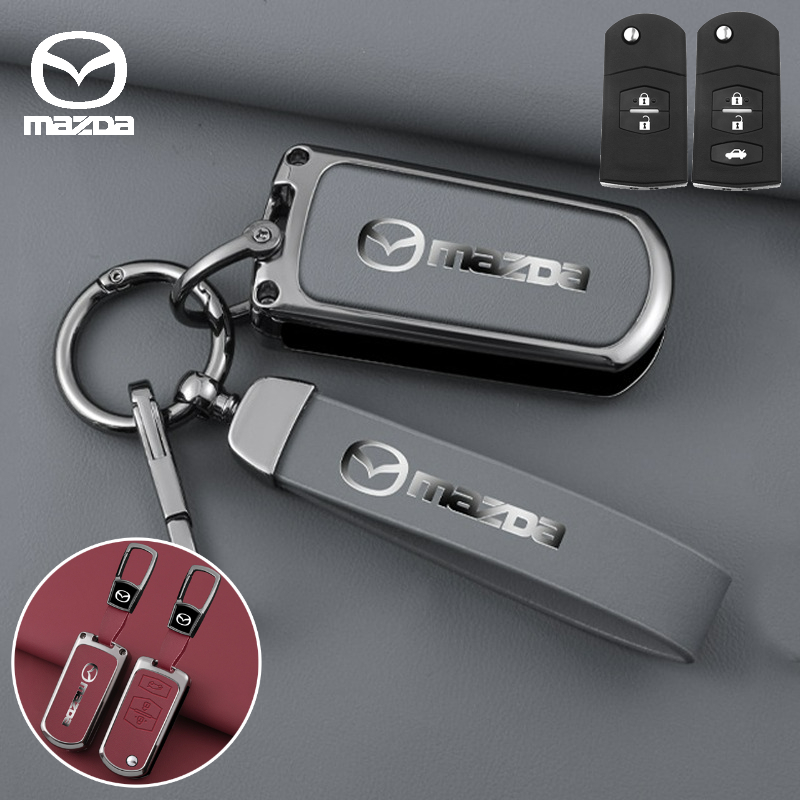 Flip Car Key Case Cover Chain Folding Remote Fob Zinc Alloy Shell Holder Keychain Leather Buttons Protector For Mazda 2 Demio 3 5 6 CX7 CX-7 CX9 CX-9 RX8 MX5 Miata ราคา 206 บาท*ส่งฟรี