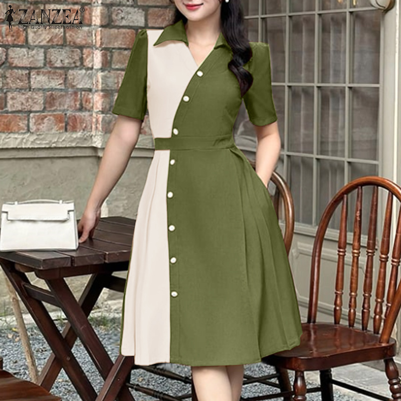 Celmia ZANZEA Korean Style Women Elegant V-Neck Short Sleeve Dresses Stitching Color Decorative Buckle Dress #0714