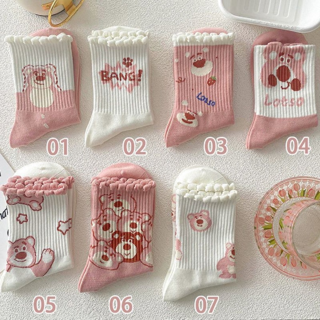 SET 10 Đôi Tất Cao Cổ Nữ Họa Tiết Gấu Dâu Vớ Cotton Màu Hồng Hình Gấu LOTSO Phong Cách Hàn Quốc