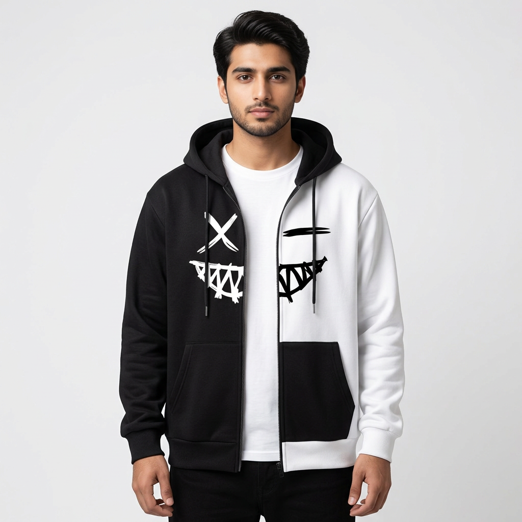 REVIBE - Black & White Zipper Trendy Printed Hoodies For Men