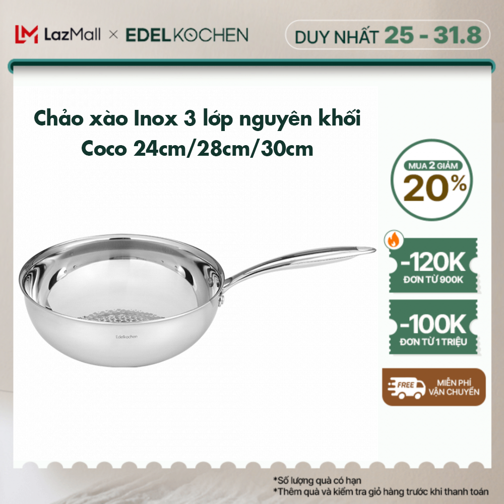 Chảo chiên inox 3 lớp nguyên khối Edelkochen Coco Collection 24,28,30cm – Màu Mirror