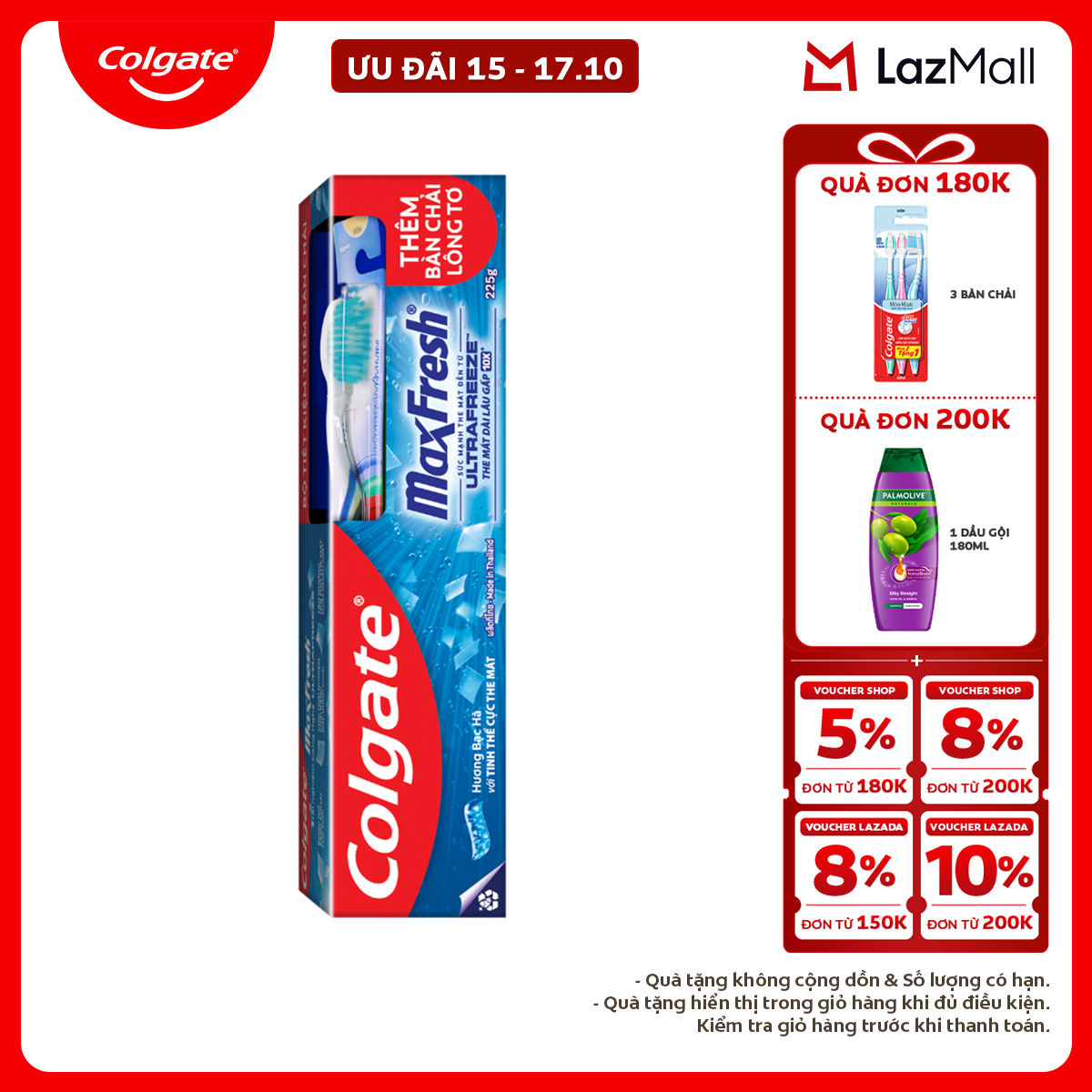 Kem đánh răng Colgate MaxFresh ULTRAFREEZE the mát gấp 10X 225g /tuýp tặng bàn chải đánh răng lông mềm