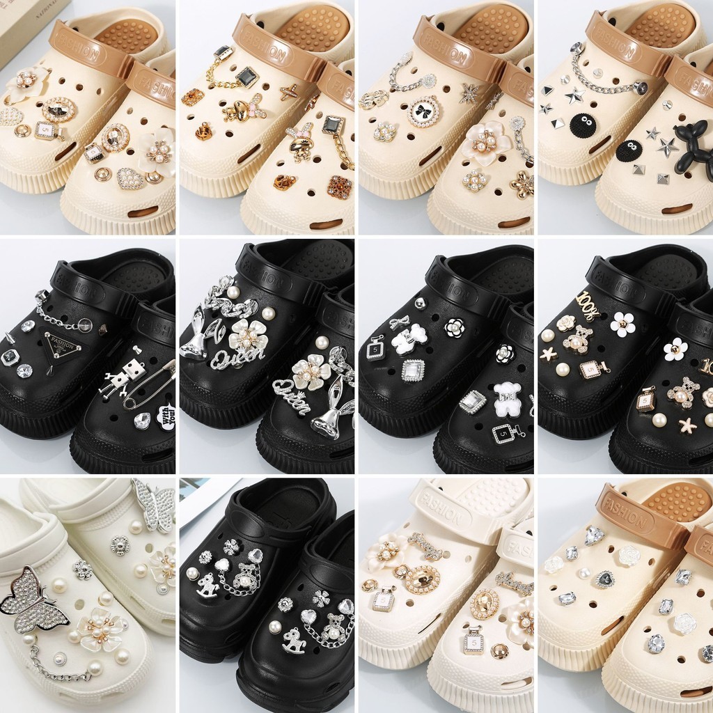 Ins ngọc trai làm thủ công vàng bạc nước chuỗi kim cương đặt Dép trang trí khóa thích hợp cho Croc jibz quyến rũ