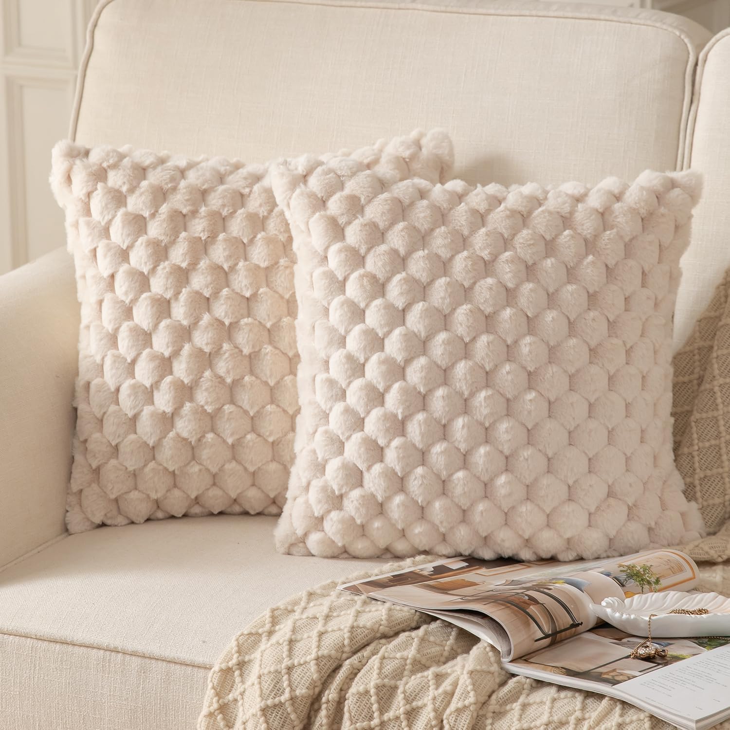 Beige Super Soft Plush Fluffy Decorative Throw Pillow Covers 18x18 inch Faux Fur Wool Velvet Cushion Covers Pillow Cases Couch Sofa Bed Living Room No Pillow