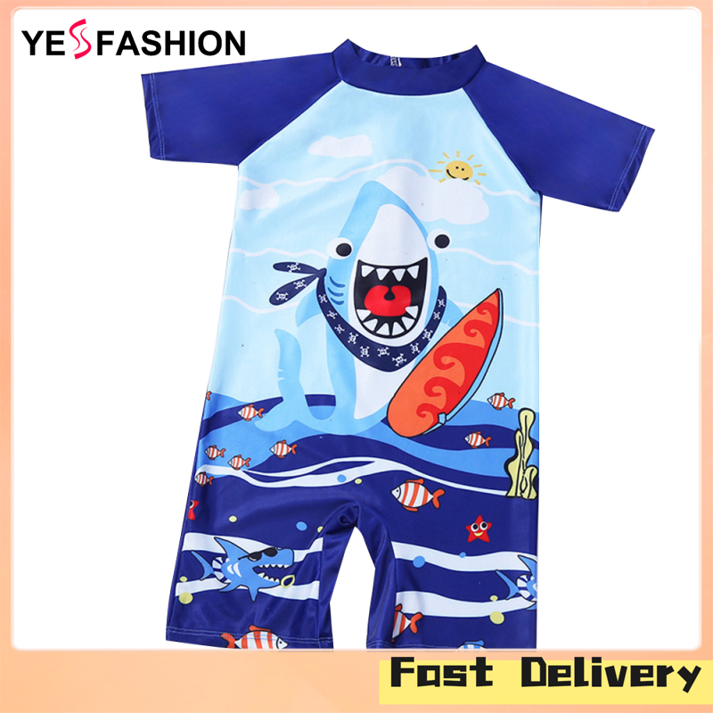 Yesfashion Store IN stockSummer Boys One-piece Swimsuit Cartoon Printing Sunscreen Short Sleeves Boxer Beach Swimwear For 4-11 Years Old ราคา 157 บาท*ส่งฟรี