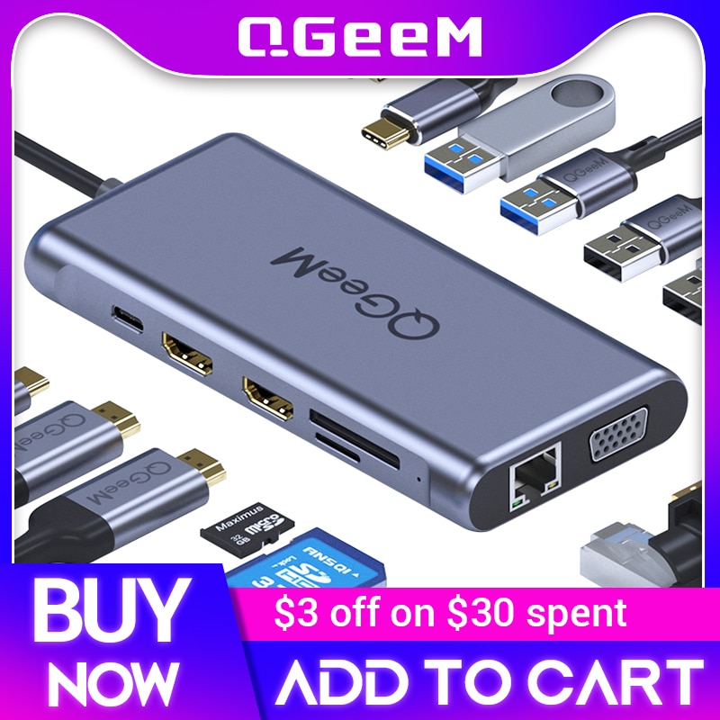 Qgeem Dual HDMI VGA USB Type C Hub For Macbook Pro USB C Hub To 4K Micro