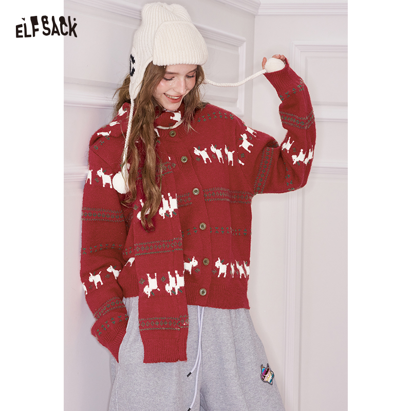 ELFSACK Minimalist Casual Loose Animal Graphic Round Neck Knit Cardigan For Women ราคา 1,522 บาท*ส่งฟรี