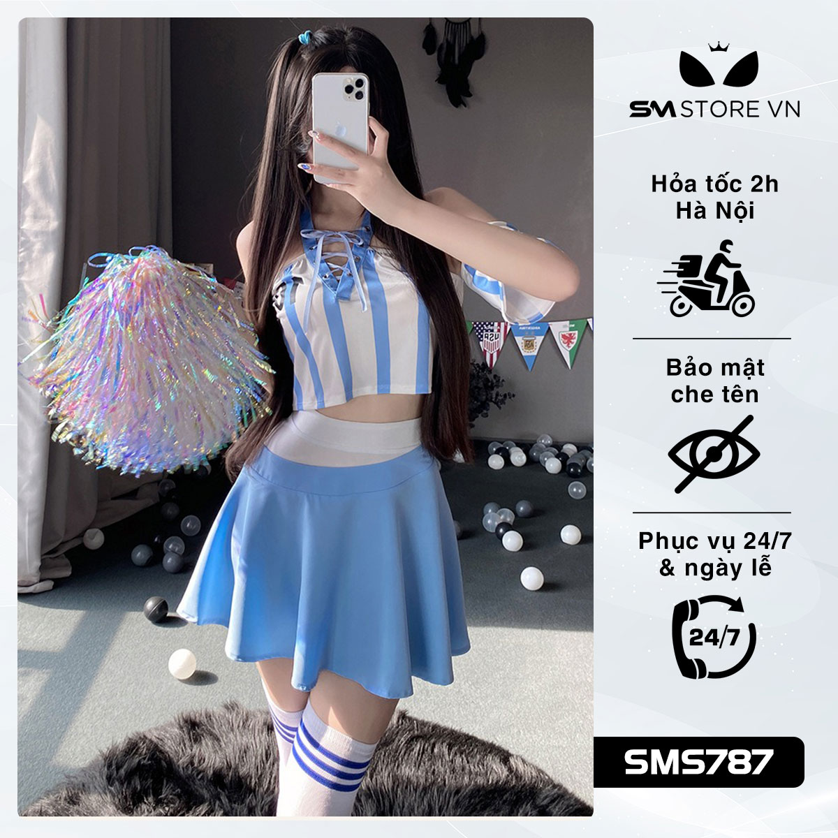 SMS787 - Bộ đồ cổ động viên bóng đá áo croptop và váy xòe sexy