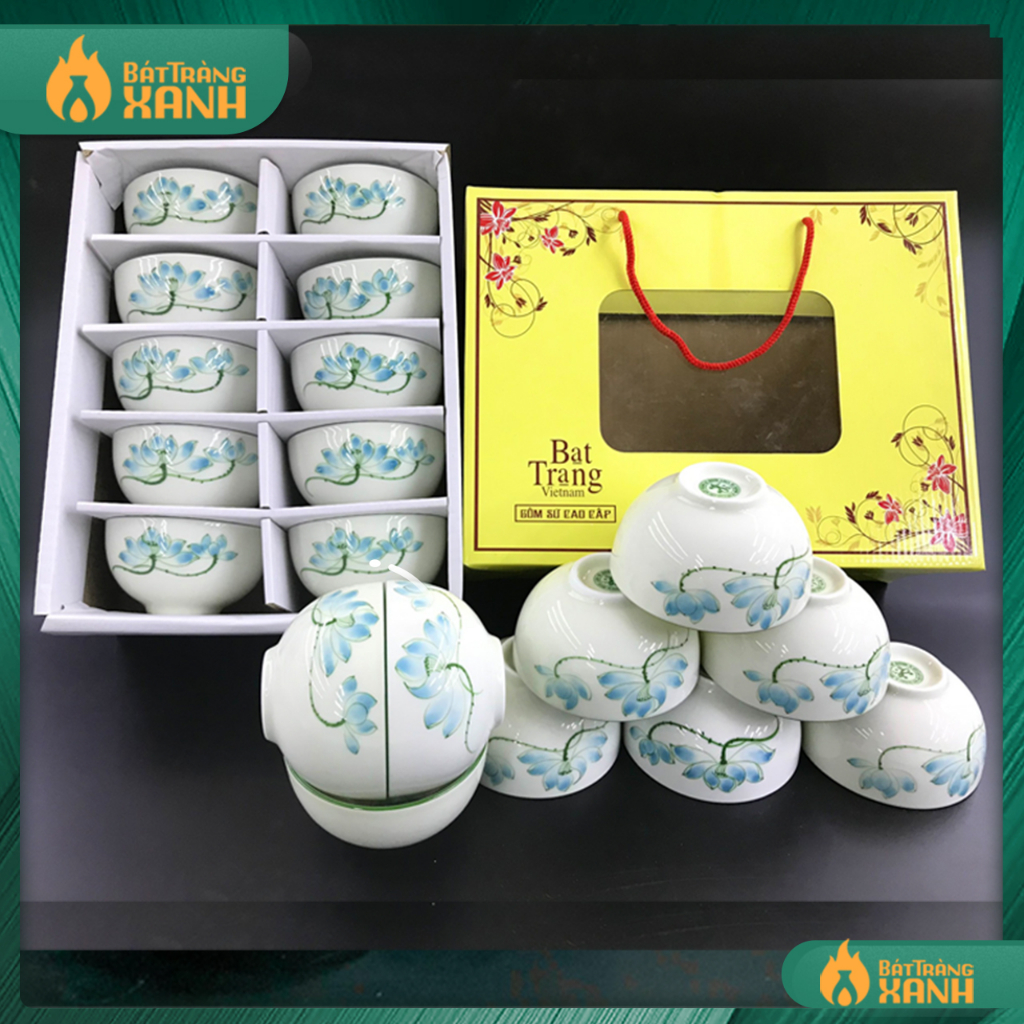 Set bát cơm bát tràng cao cấp hàng loại i - bộ bát ăn cơm men kem vẽ tay hoa sen xanh